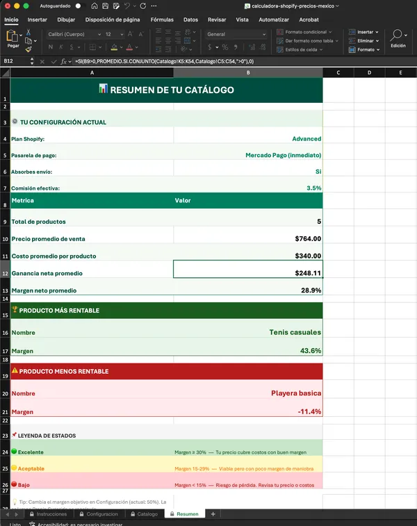 Calculadora de costos Shopify México — vista de resumen