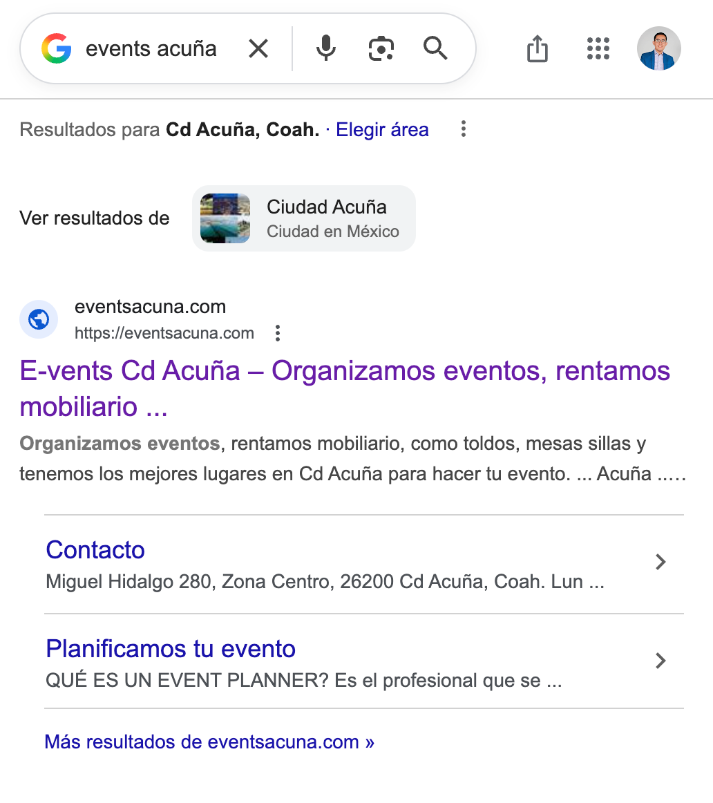 Events Acuña aparece como primer resultado en Google